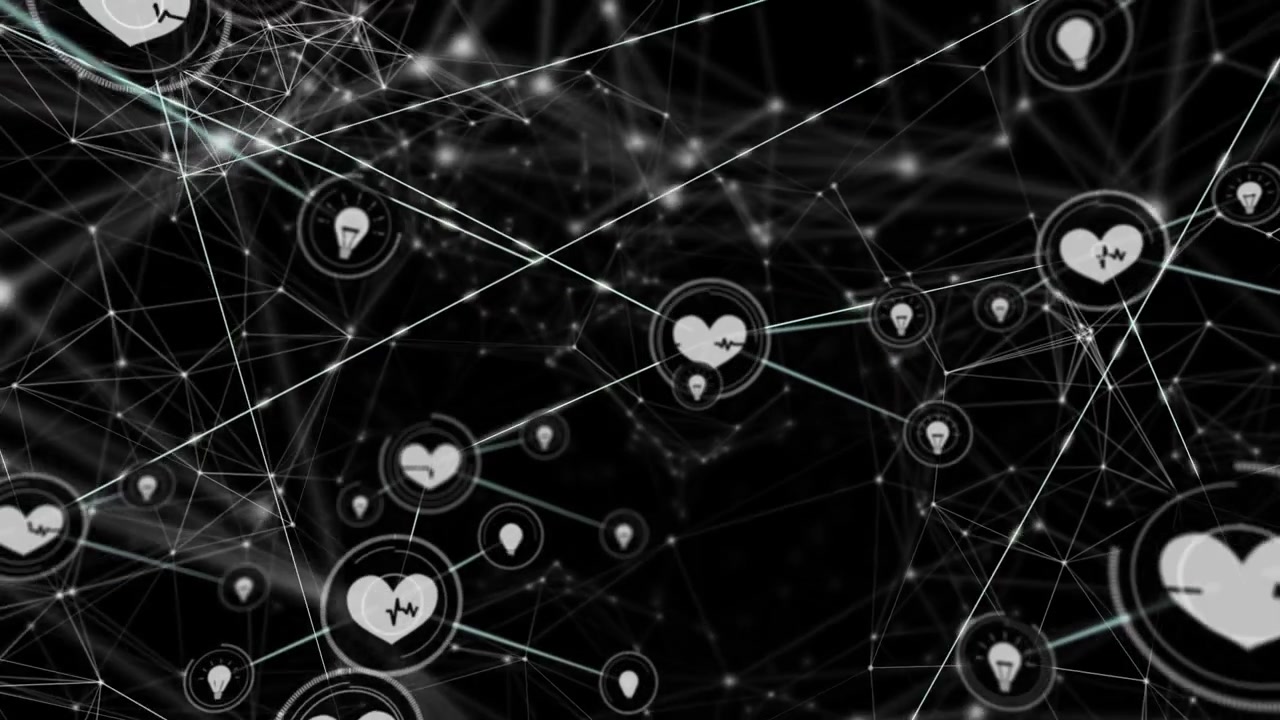 Animazione di rete di connessioni con icone su sfondo nero