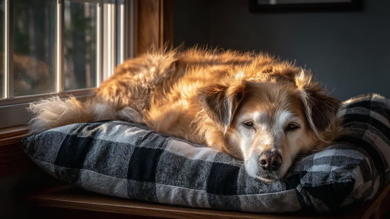A Cozy Golden-Hued Dog Relaxing in Sunlight on a Plush Pillow by the Window, Capturing a Serene Moment of Comfort and Tranquility in a Home Environment