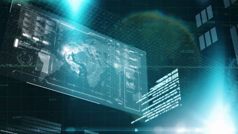 Digital world map and data processing animation over futuristic grid background