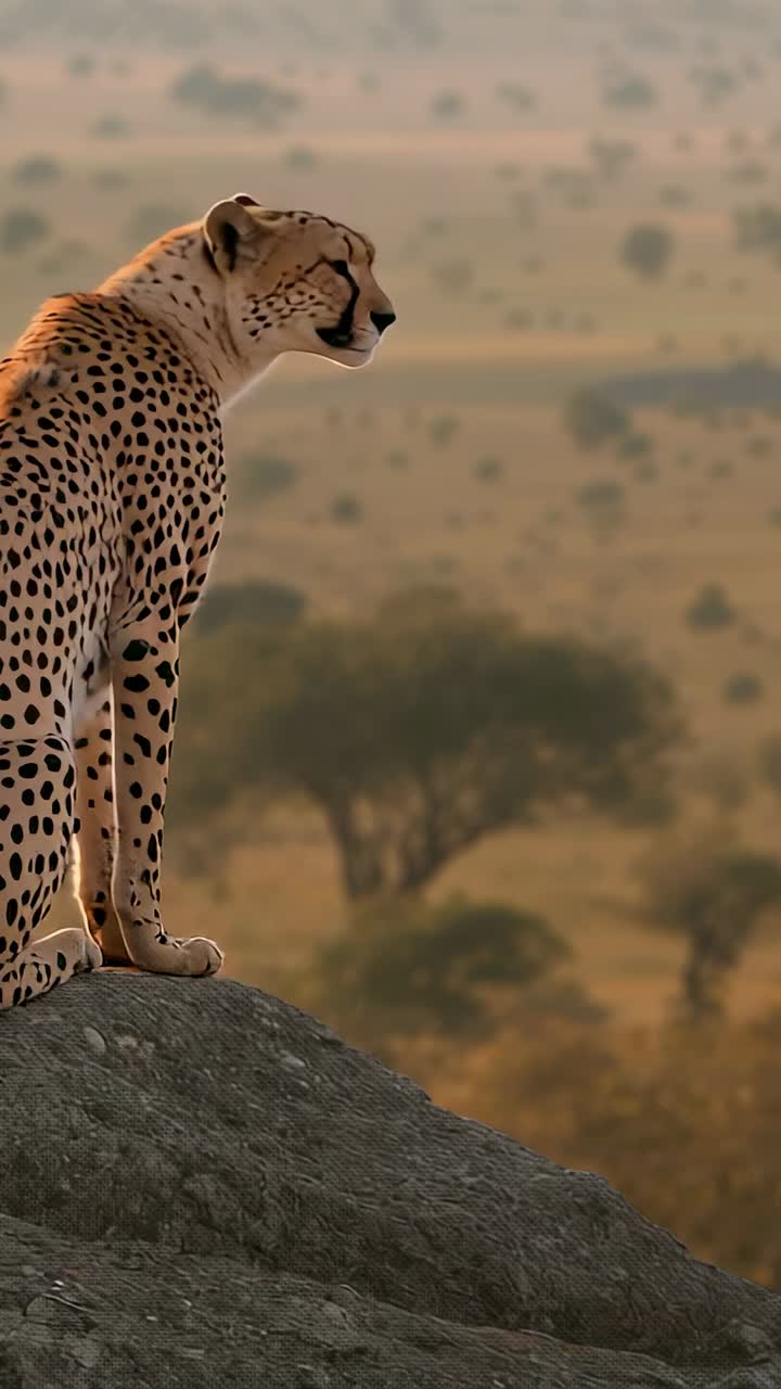 Vertical video: Scanning cheetah turning from rear look to gaze over savanna from rock, copy space