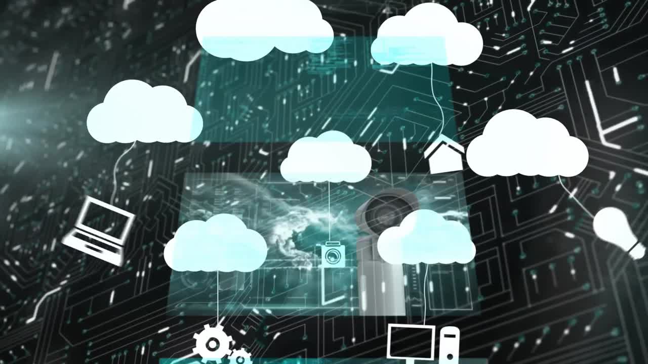 animación de datos científicos en pantallas y nubes sobre circuitos integrados