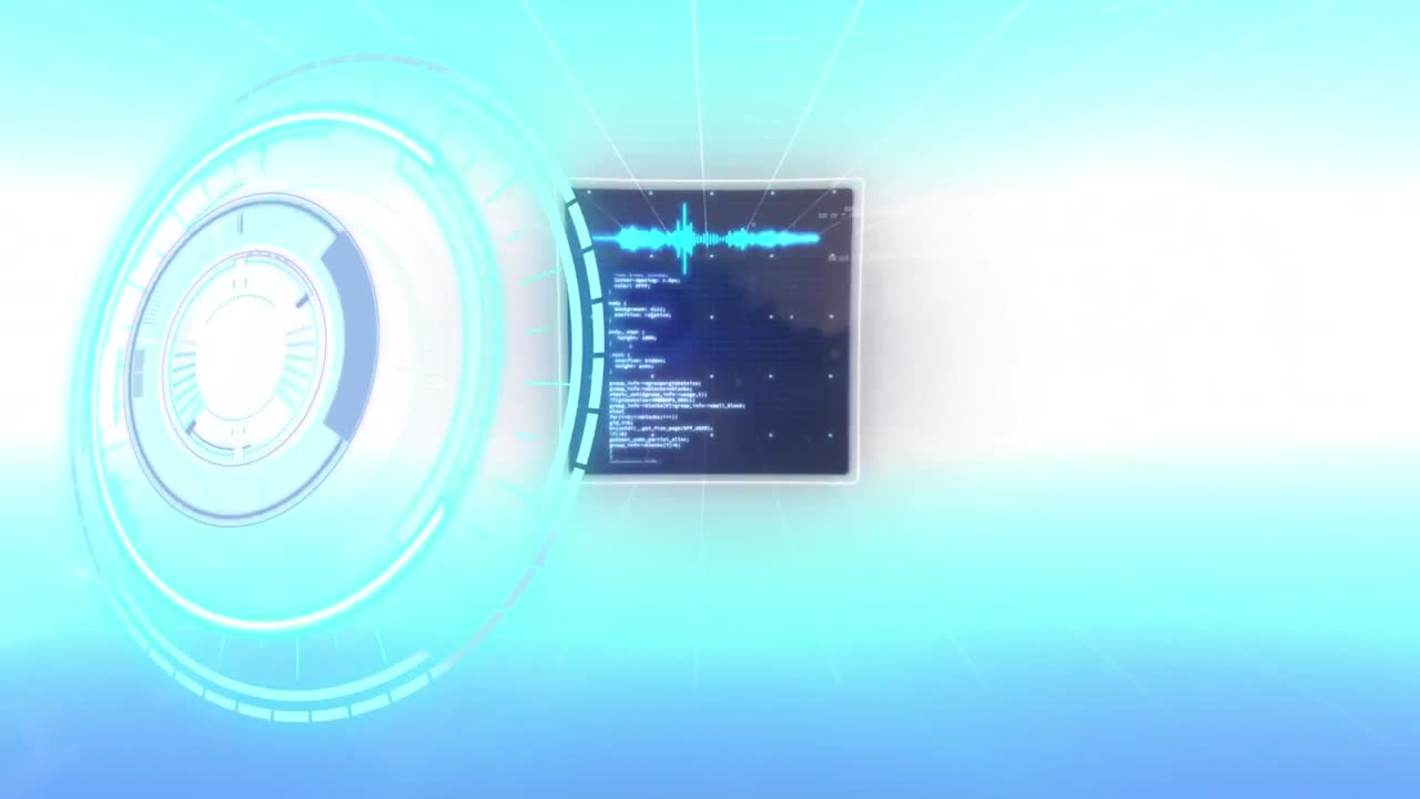 Animation of neon round scanner over screens with data processing against blue background