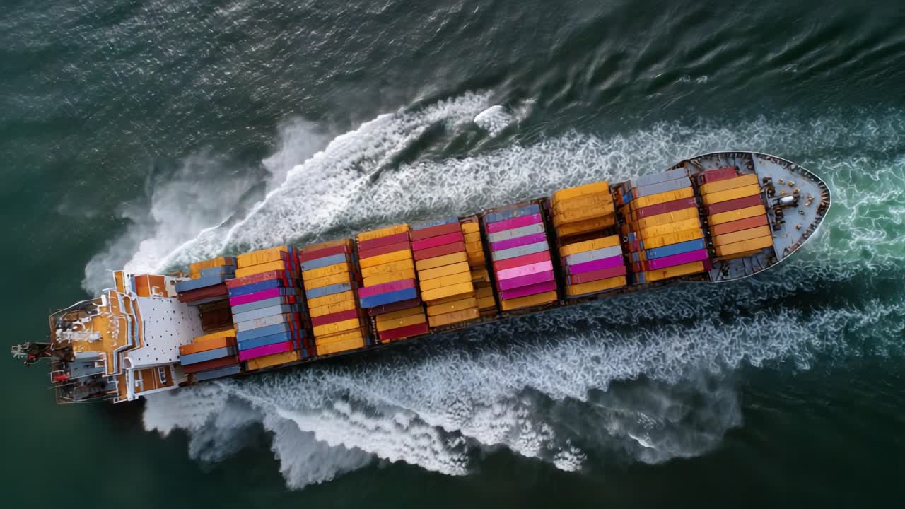 Massive Container Ship Navigating Through Calm Waters, Loaded with Colorful Cargo, Leaving a Trail of White Wake Behind in a Stunning Aerial Perspective