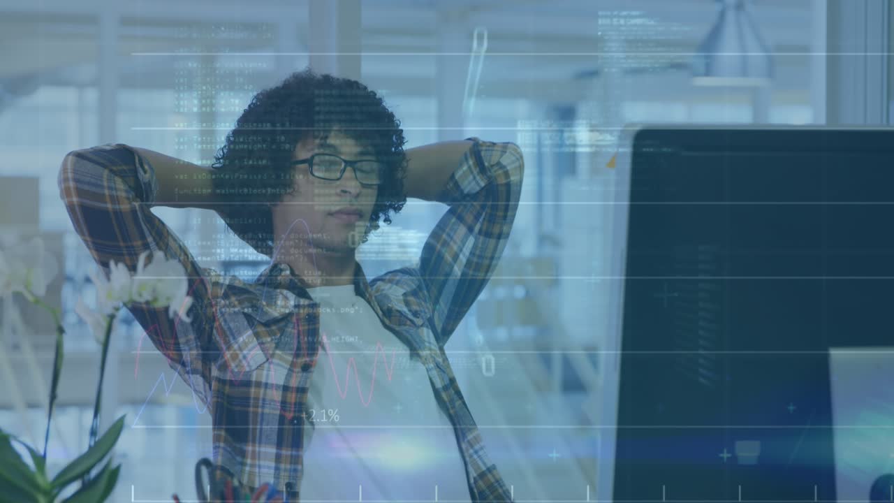 Animation of financial data processing over businessman in office
