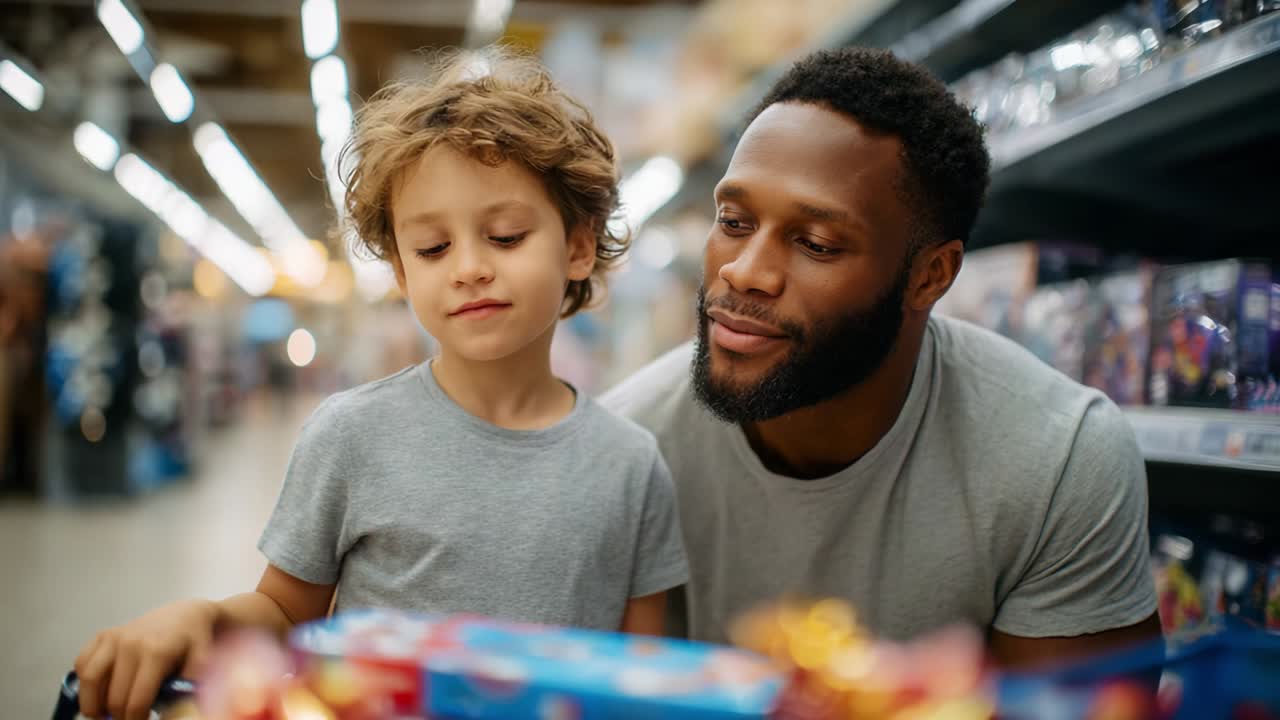 A Heartwarming Bond: A Smiling Father and Son Exploring Toy Aisles Together, Discovering Joyful Moments While Selecting Colorful Toys in a Vibrant Retail Store Setting Filled with Excitement