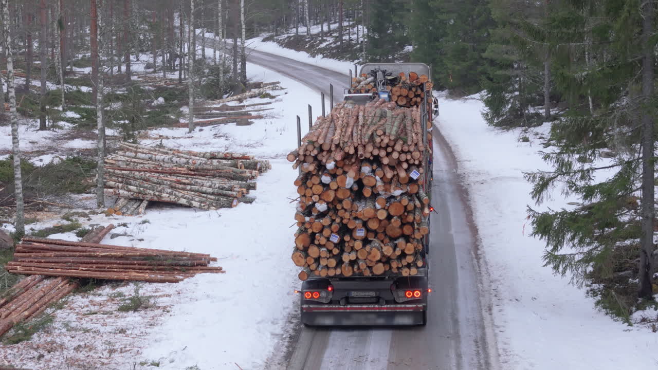 un camión lleno de troncos de madera cosechada se aleja en una carretera de bosque helado, suecia