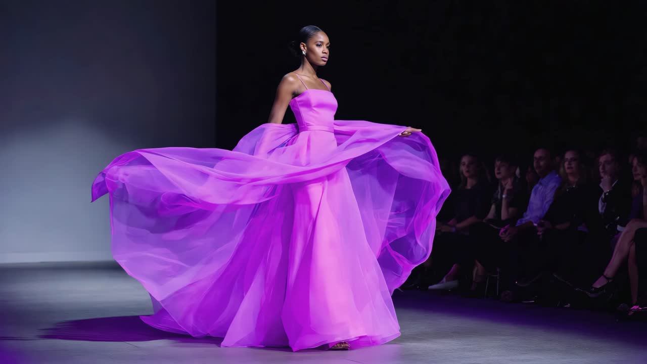 Passarela de desfile de moda com modelo usando vestido de noite roxo