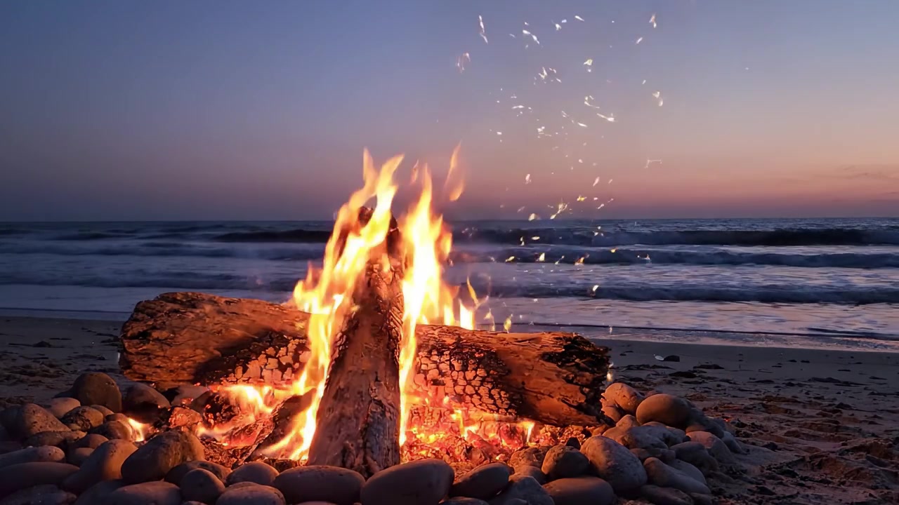 Un falò in spiaggia accattivante: una brace ardente di calore contro l'orizzonte crepuscolare, che abbraccia la serenità e la bellezza della natura in riva al mare