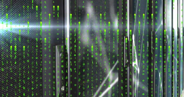 Green binary digits flowing mesh doors starting flare sweeping then network nodes showing data flow