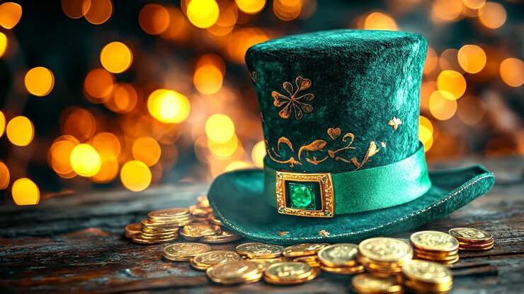 Cappello da leprecauno con monete d'oro. Un cappello da leprecauno verde con decorazioni dorate è appoggiato su un tavolo di legno, circondato da monete d'oro. Sullo sfondo brillano luci festive.
