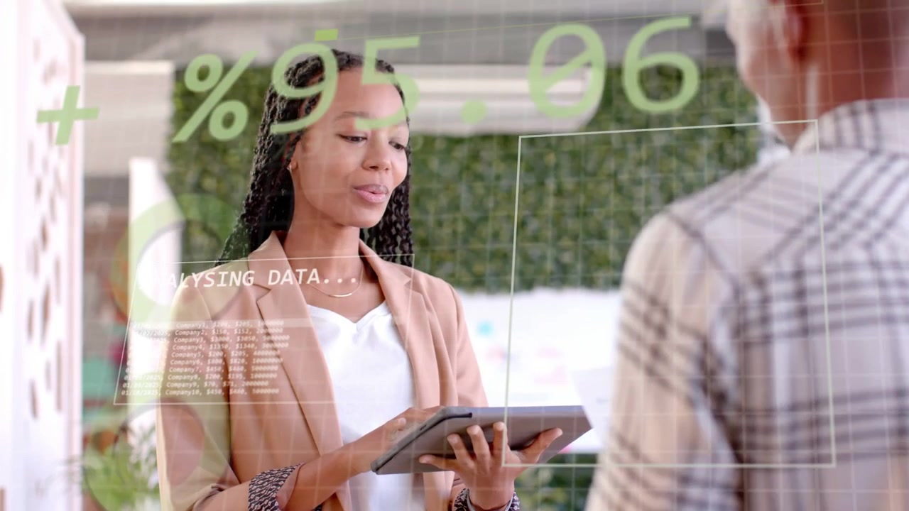 Woman presenter tapping tablet in business office, HUD percentages moving while reviewing data