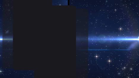 animation of split screen with moving spotlight with blue trail and glowing particles, on black