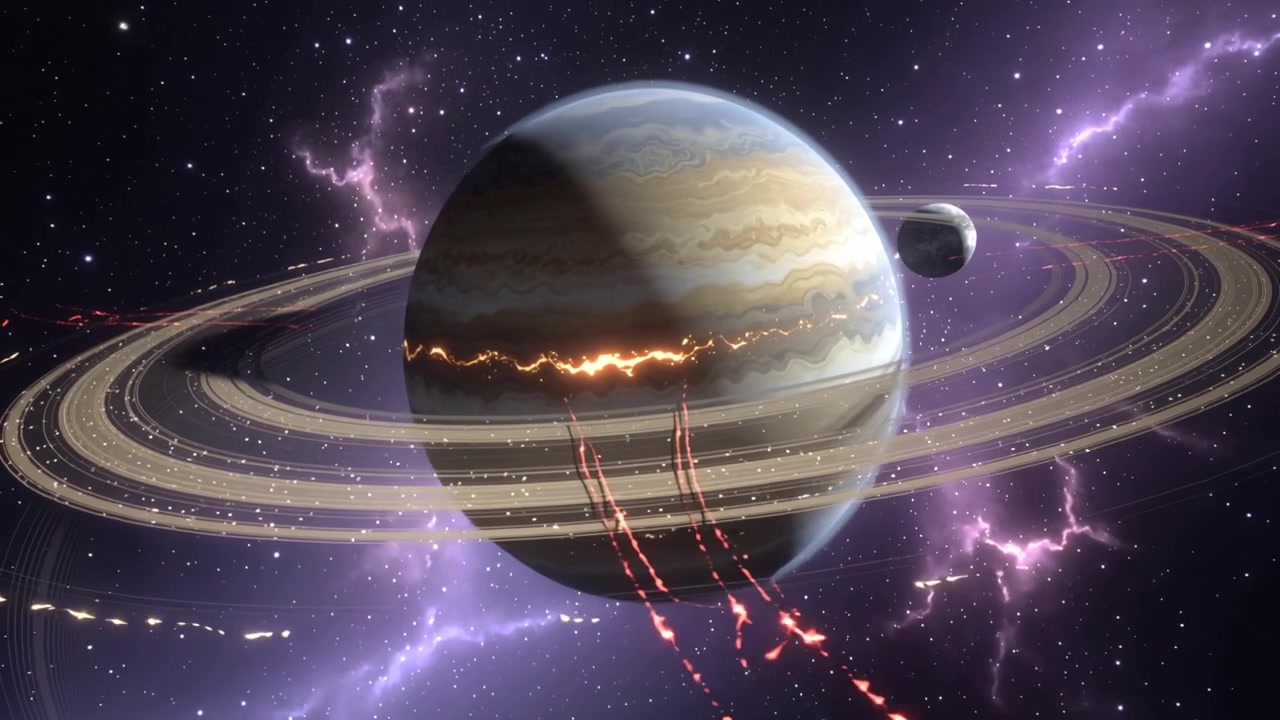 Receiving moon arrival and red projectile streaks, ringed gas giant ejecting debris in deep space