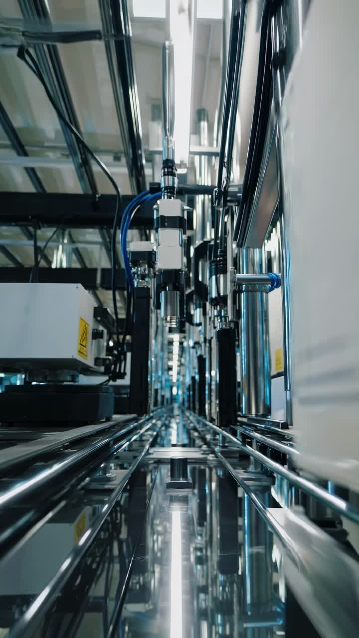Futuristic factory video with a low-angle shot showcasing sleek machinery and reflective surfaces