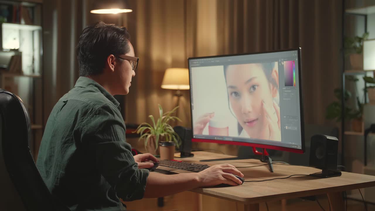 Asian Male Digital Editor Thinking While Works In Photo Editing Software On His Personal Computer With Big Display, He Works At Night