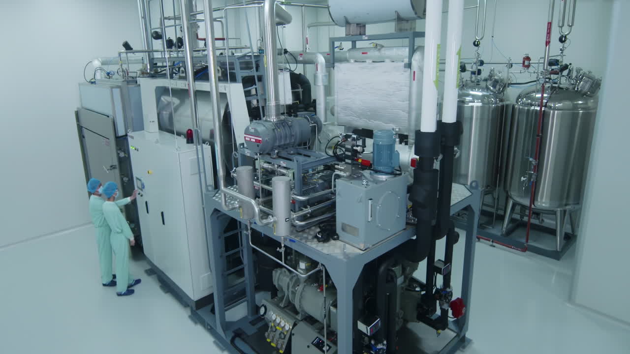 Scientist or technicians with clean uniform in drug Manufacturing Production High-Tech Pharmaceutical Processing Equipment for Biopharmaceutical in Modern Industrial Facility Advanced Control Systems