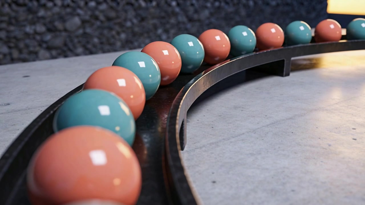 Motor driving glossy coral and teal spheres rolling along curved metal channel on slab for demo