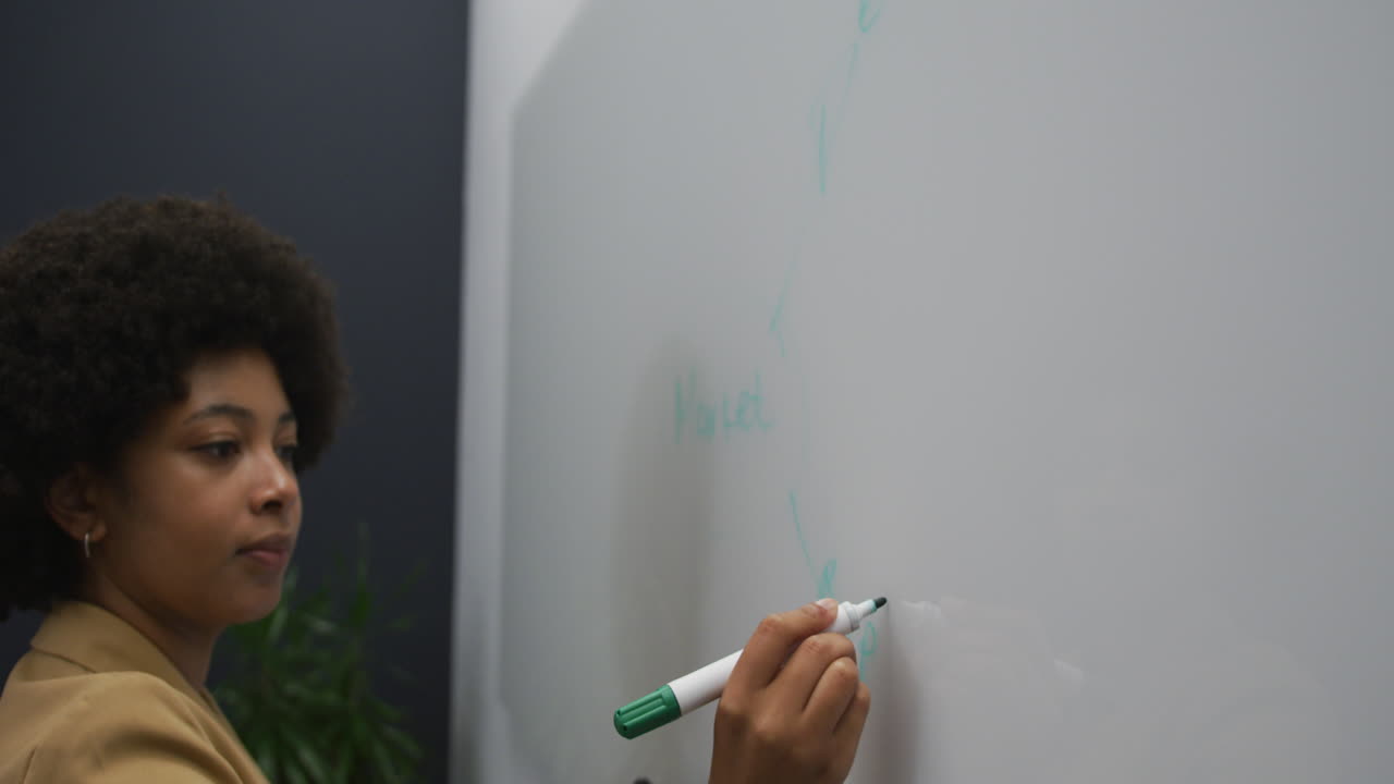 Biracial businesswoman standing using laptop writing on a board in modern office