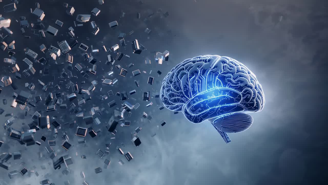 Rendering in 3D di un cervello olografico blu animato che pulsa mentre blocchi di metallo si disperdono per visualizzare il pensiero, spazio per la copia