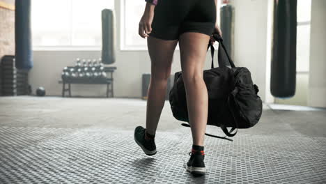 Gym,-walking-and-legs-of-a-woman-with-a-bag-to