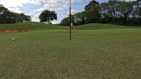 golf ball approaching the hole on green.