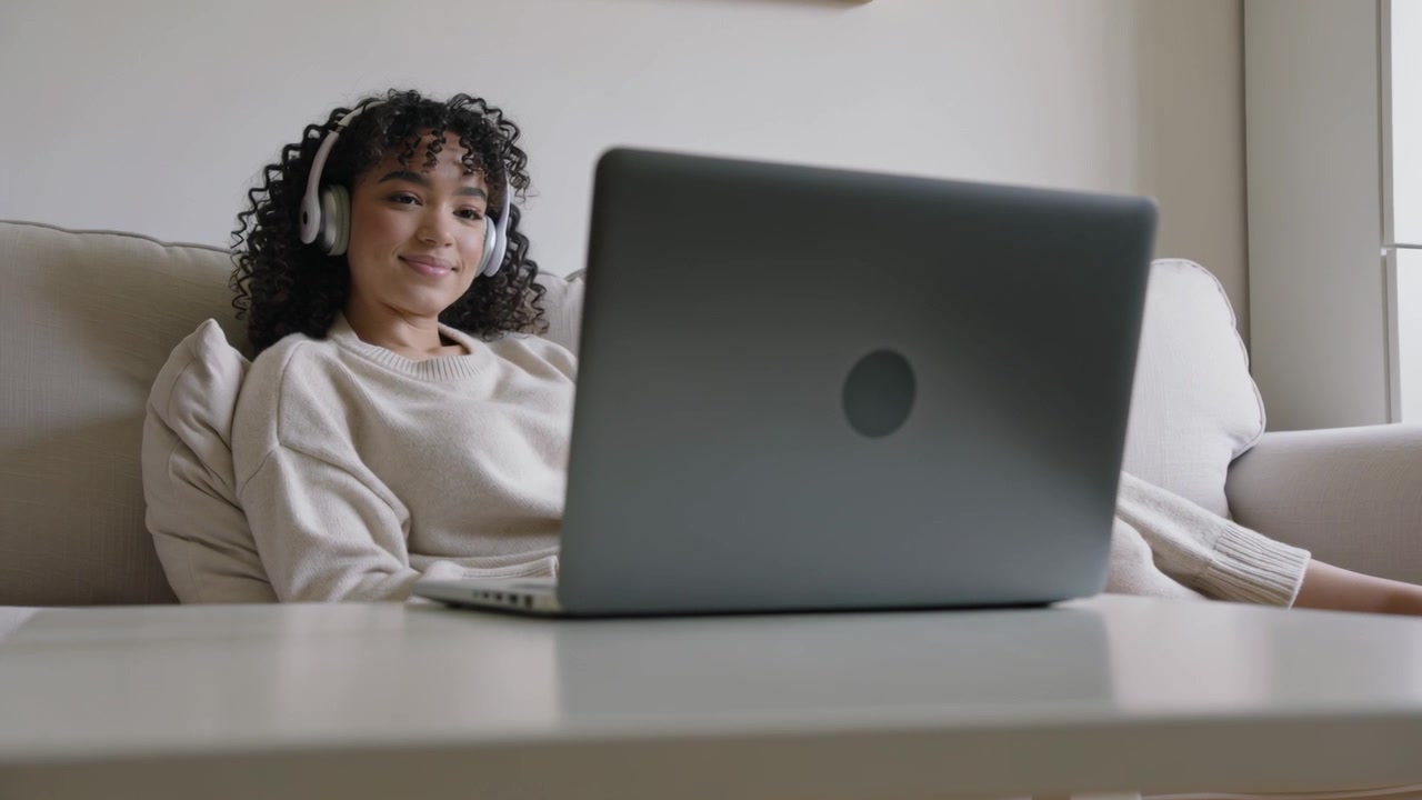 Reacting woman in light sweater shifting gaze on sofa at home to laptop playback, with headphones