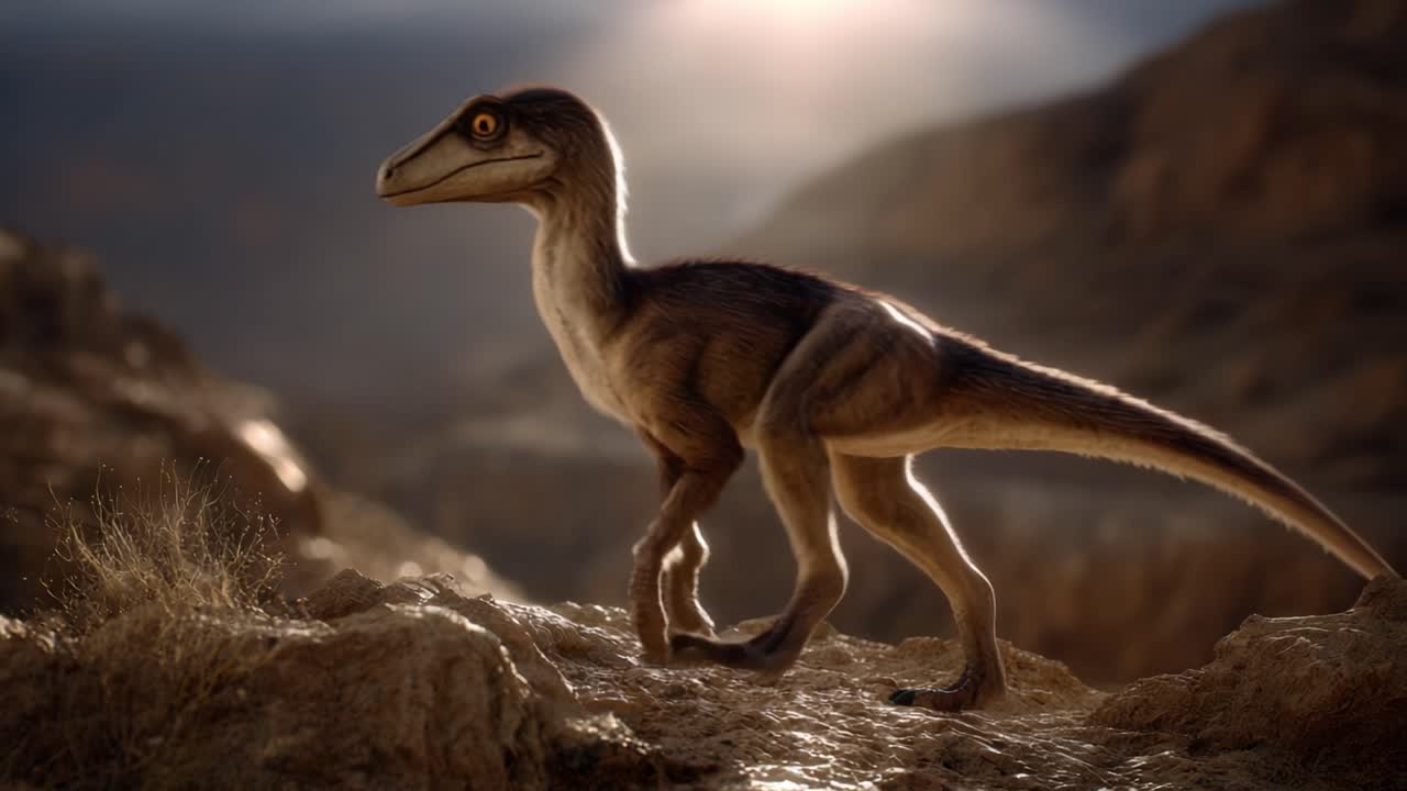 Una scultura di dinosauro realistica: una rappresentazione fedele di un Velociraptor in uno splendido paesaggio naturale sotto un'illuminazione e texture drammatiche