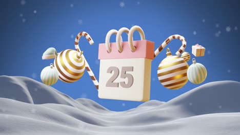 animation of calendar with 25 number date and christmas decorations