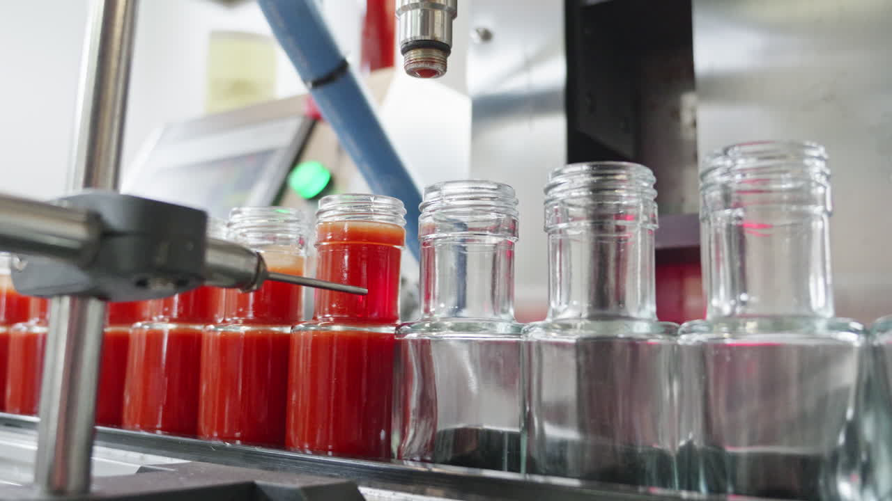 Automated production line filling glass bottles with red hot sauce. Modern robotic equipment in a food factory for bottling tomato ketchup