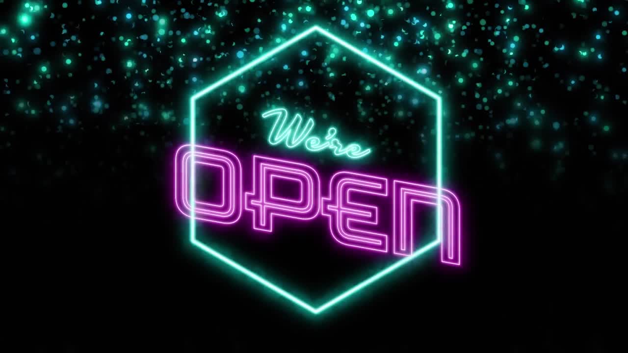 Animation of we are open text over flashing blue light pattern