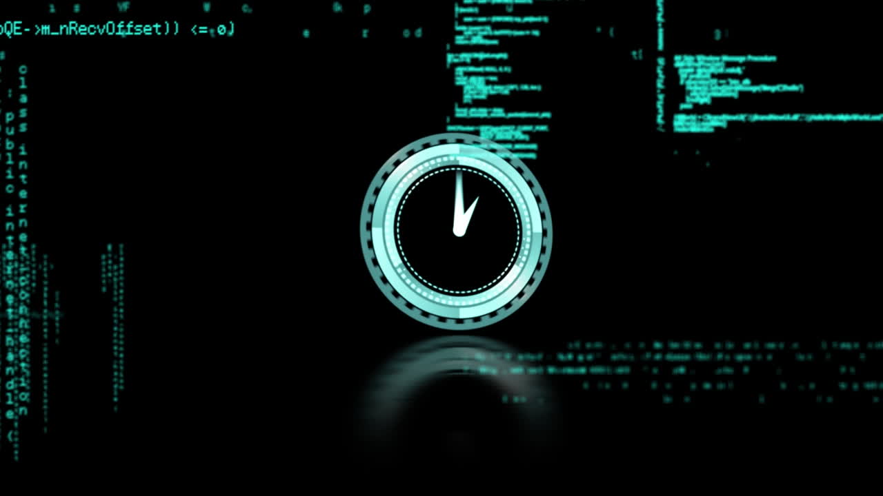 Animation of clock over data processing on black background