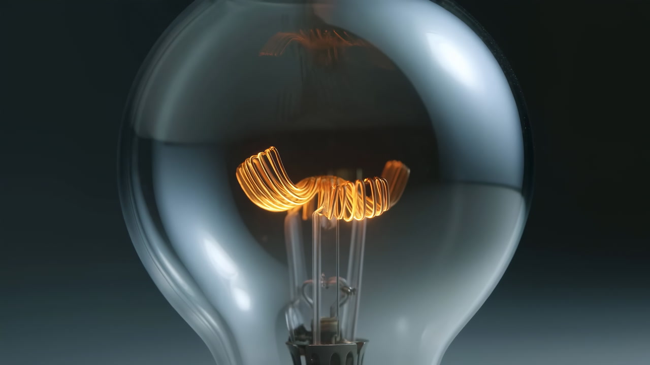 Closeup Glass Bulb Filament Warming, Studio Sequence Shows Filament Gradually Heating Into Amber Glow, Crisp