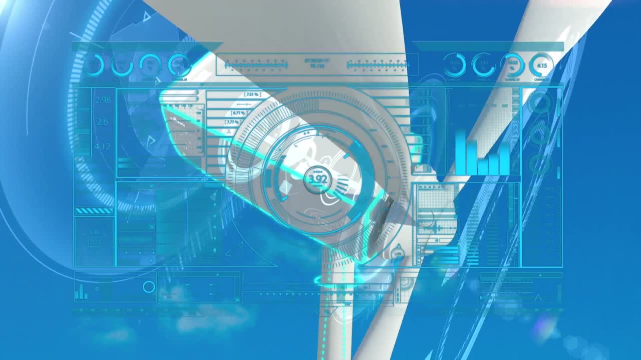 풍력 터빈과 파란색 배경 위에 다양한 데이터를 가진 디지털 화면의 애니메이션.