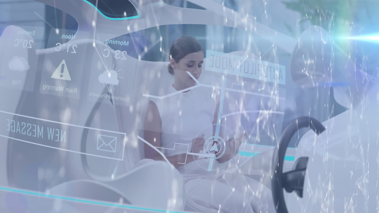 자동차에서 태블릿을 사용하는 여성에 대한 연결 네트워크와 데이터 처리 애니메이션