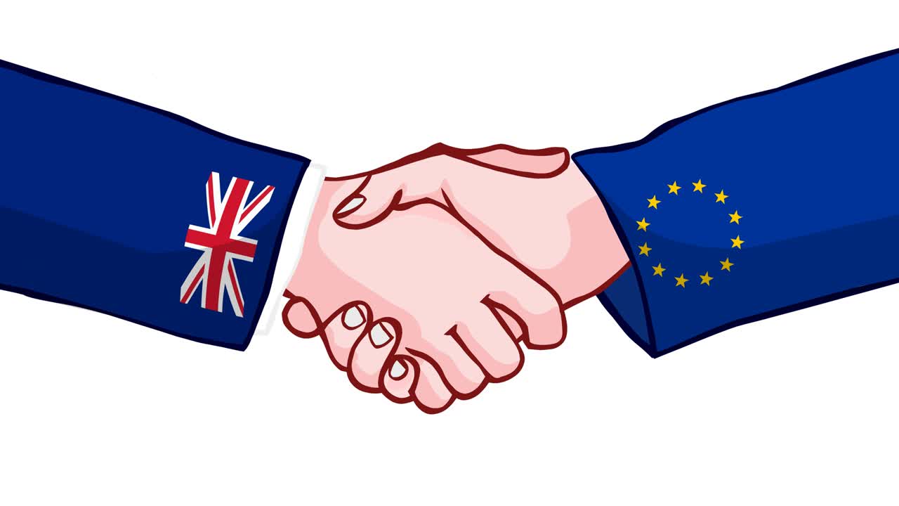 European union and united kingdom flags hands shaking hands. Europe and England handshake contact. Great britain, brexit. Agreement, deal, accord, pact brush. 4k loop, cycle animation video