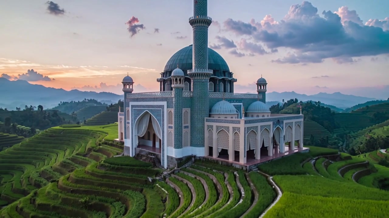 Bereaksi terhadap kamera drone saat matahari terbenam yang memperlihatkan masjid berkubah dan menara tinggi di lereng bukit terasering.