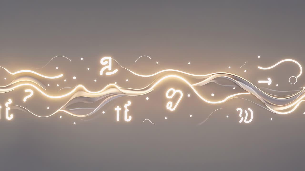 Abstract Digital Flow with Glowing Symbols and Ribbons