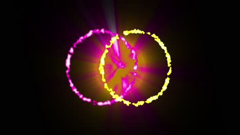 Animation-of-glowing-yellow-and-pink-circles-over-black-background