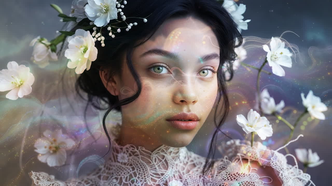 Ethereal Portrait of a Woman with Flowers and Magical Elements