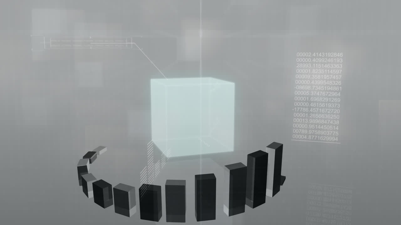 bloque giratorio rodeado de gráficos y datos