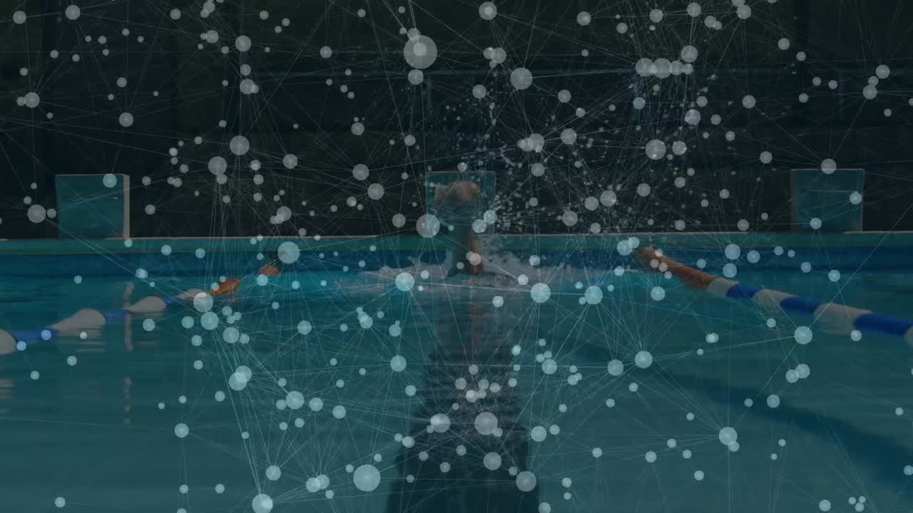 수영장에서 수영하는 남성 수영 선수에 대한 연결 네트워크