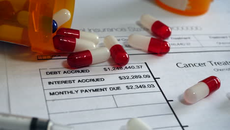 cancer treatment drug pills on a prop medical health insurance form showing high patient costs