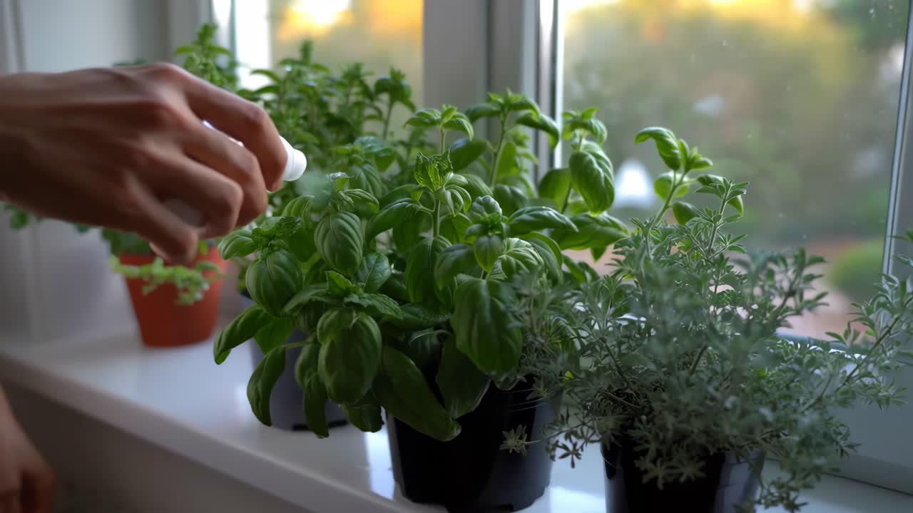 Spraying Fresh Basil Plants