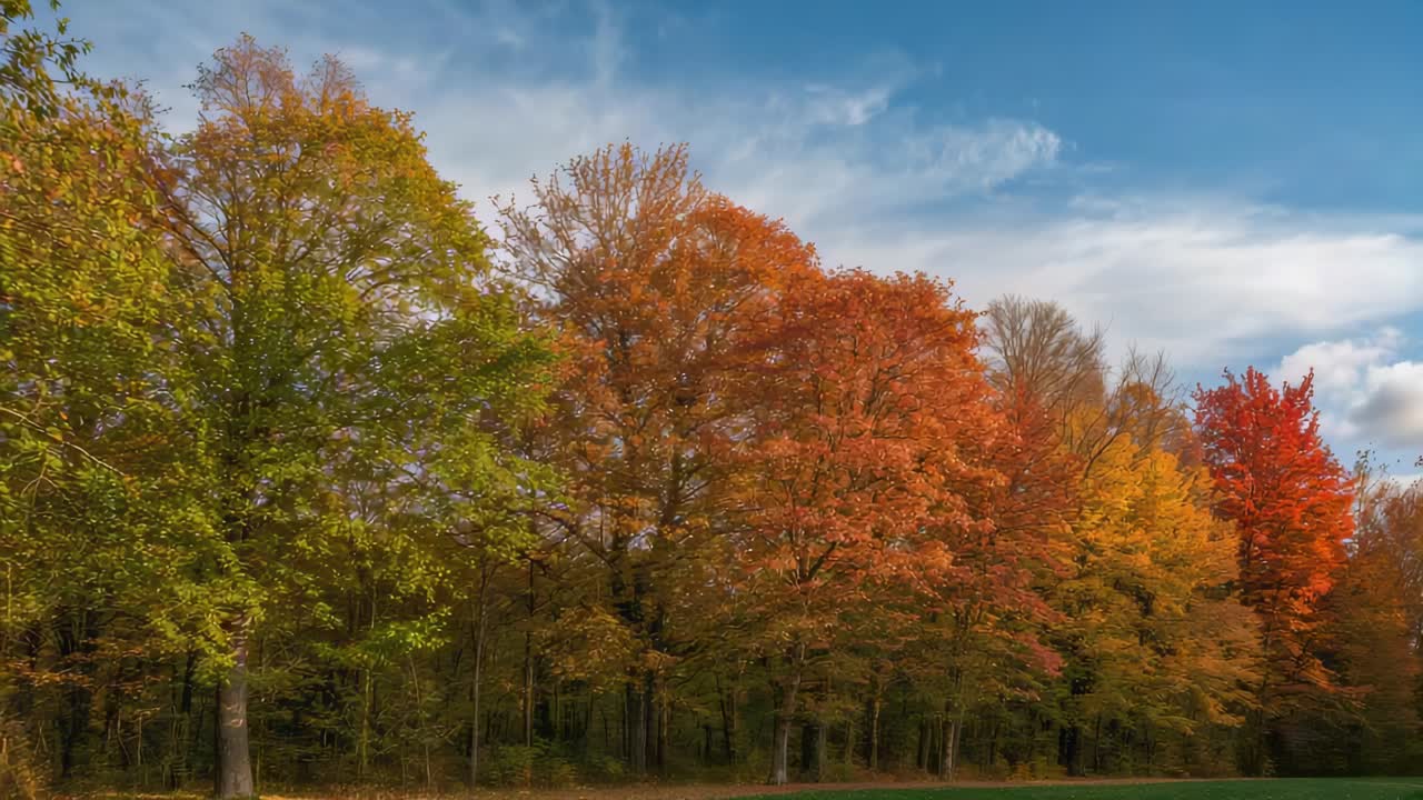 Swaying under breeze, deciduous trees shedding leaves at forest edge, boosting autumn hues