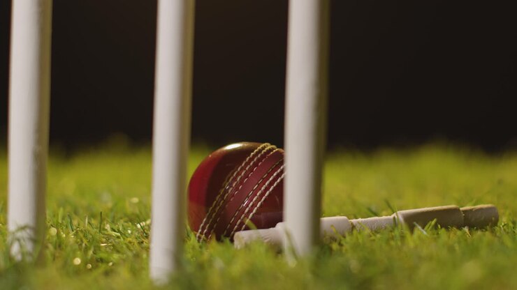 Natura morta di cricket con primo piano di bails e palla nell'erba dietro i paletti 1