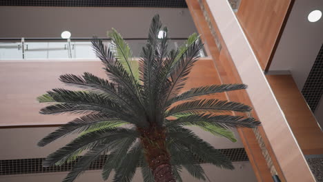 artificial palm tree decor inside a shopping mall with realistic green fronds and textured trunk, positioned beneath modern architectural details like wood-paneled walls and glass railings