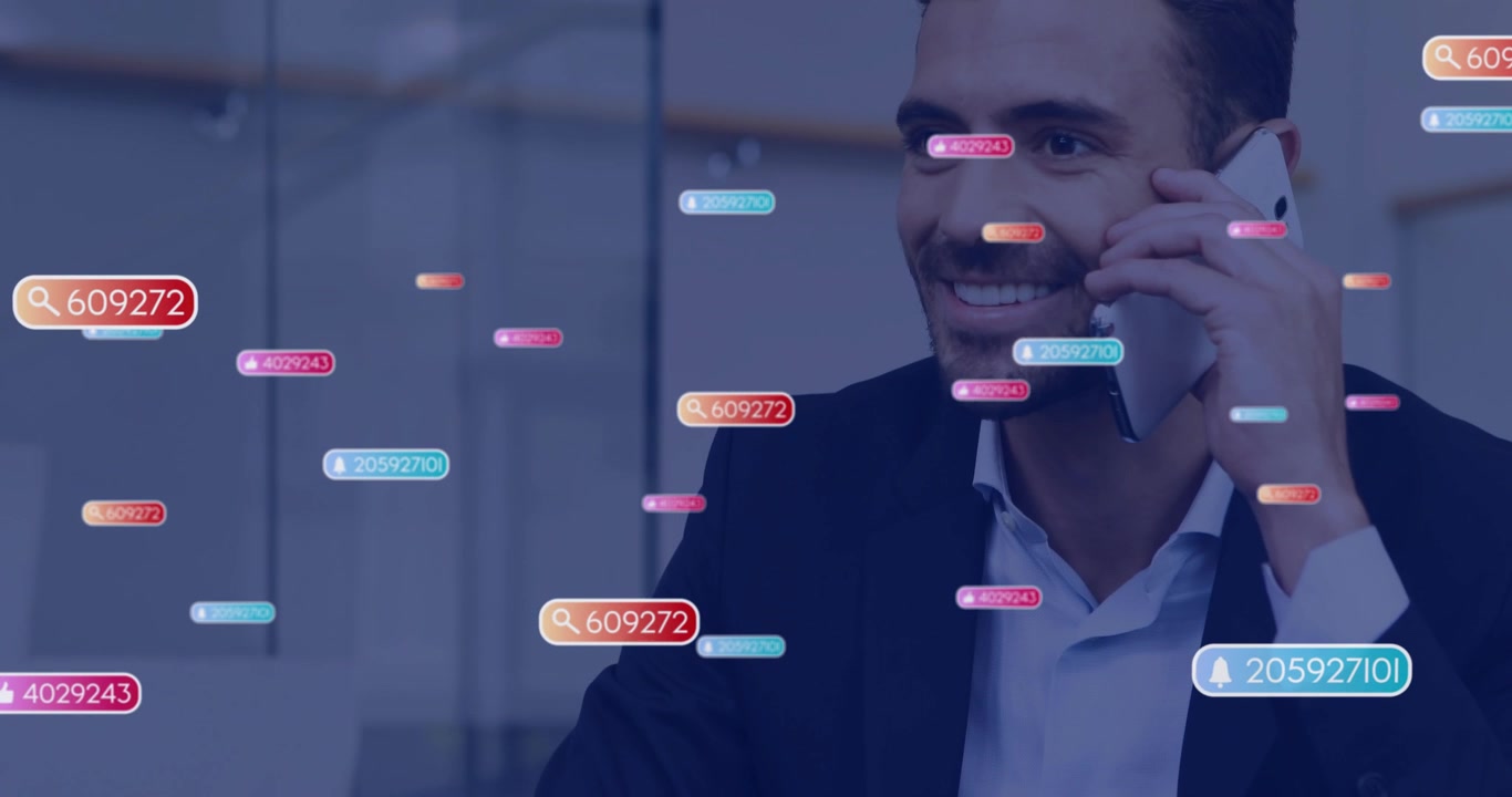 Man lifting phone to ear causing floating labels overlapping him showing smile on business call