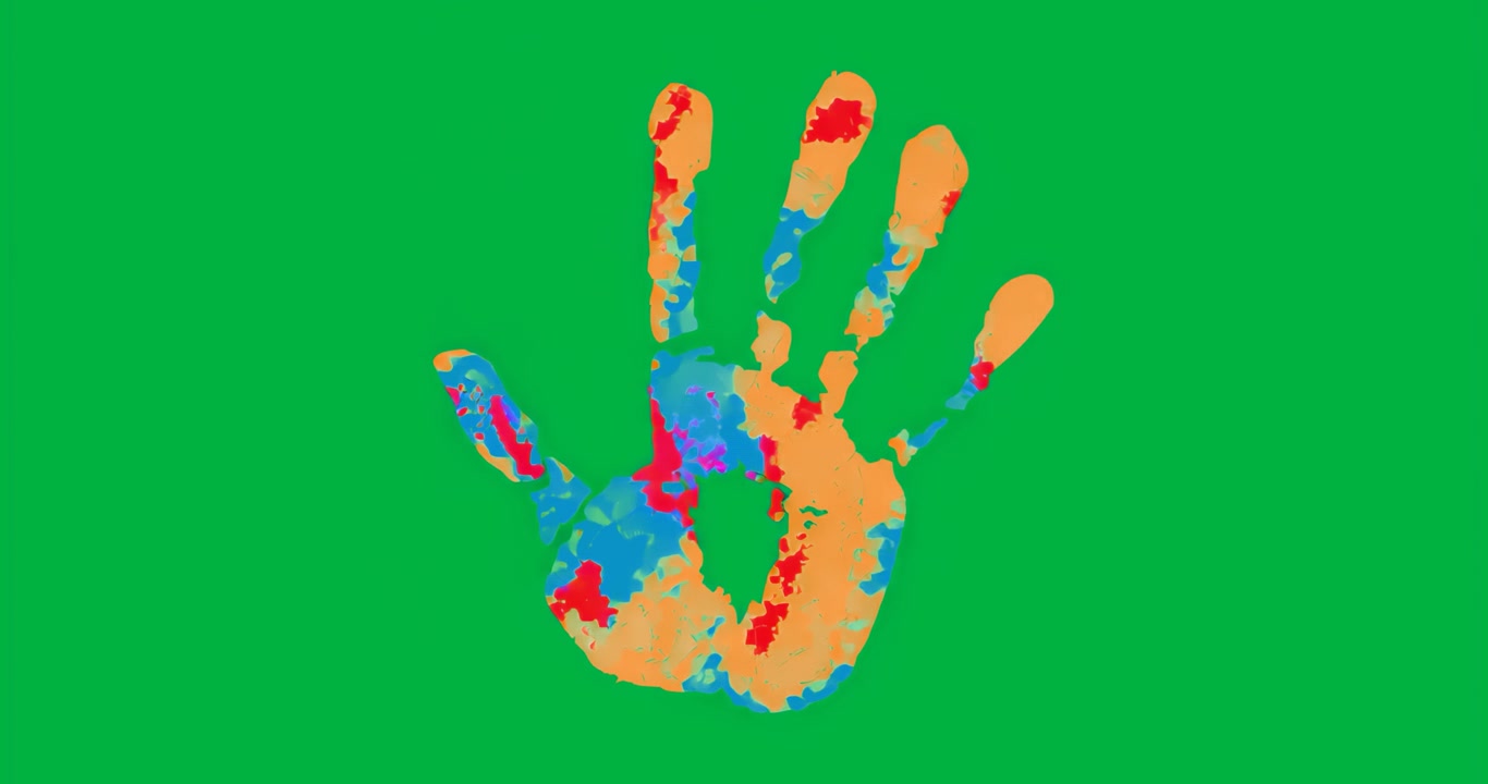 Impronta di mano che pulsa attraverso tonalità cromatiche su rumore di pixel trasparente, mostrando variazioni di colore.