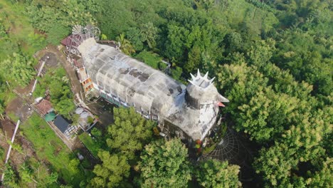 vista aérea inclinada hacia arriba de la iglesia de pollo para revelar el bosque tropical siempre verde, java
