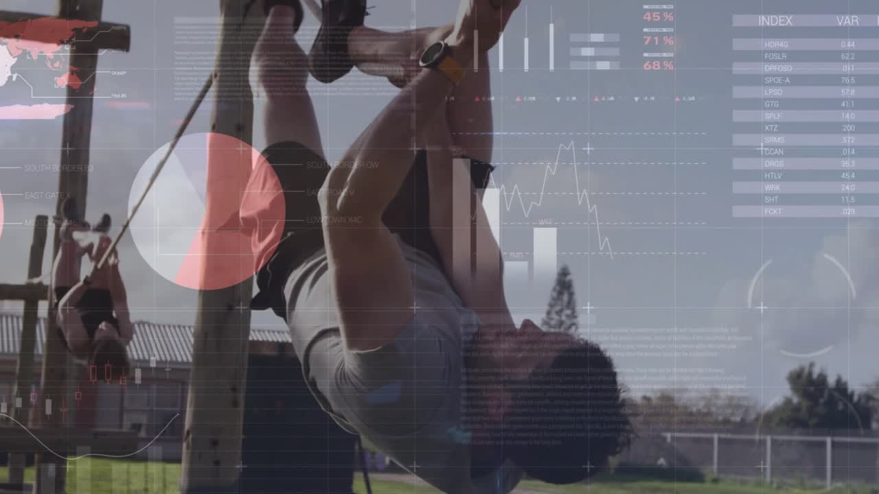 Training partners initiating inverted rope traversing while fitness graphs updating performance